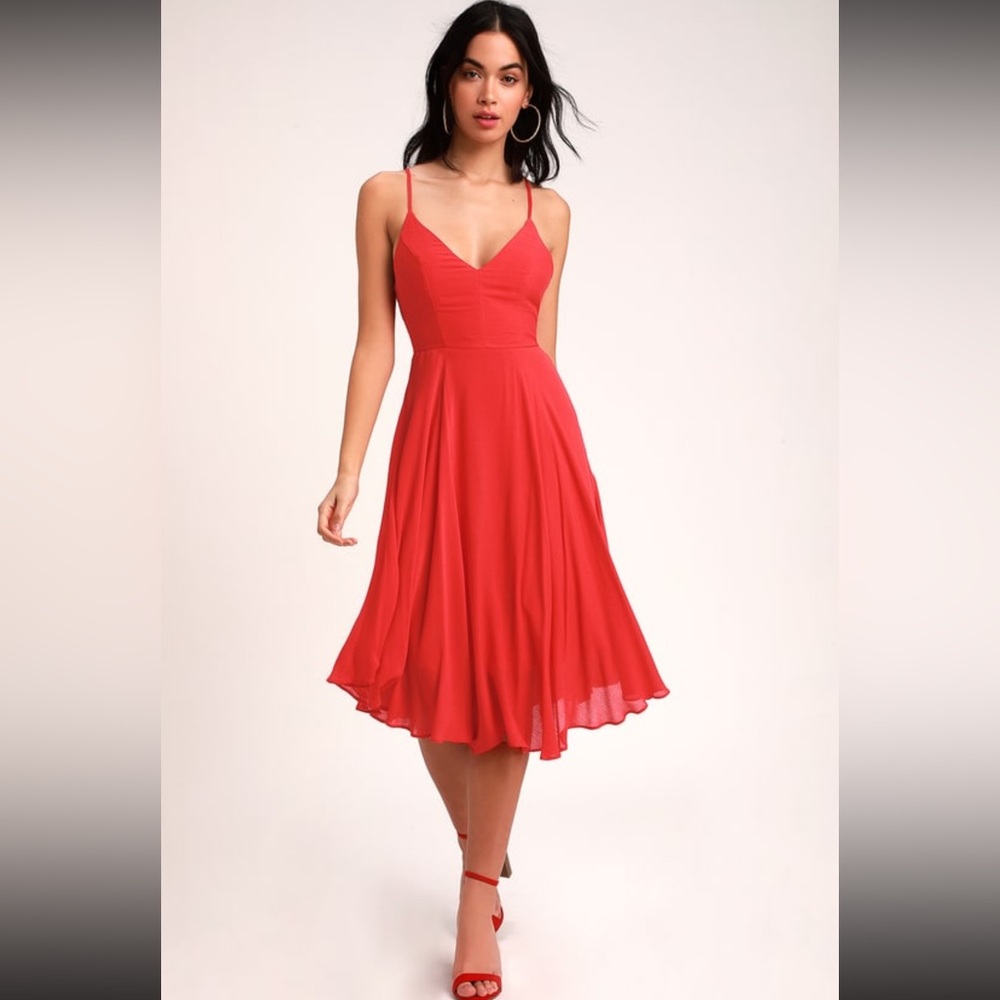 EUC Lulu’s Size Small Troulos Red Lace-Up Midi Dress - Picture 2 of 9